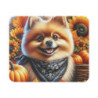 Tapis de Souris Chien Poméranien d’Automne  Illustration Mignonne avec Citrouilles, Tournesols & Bandana