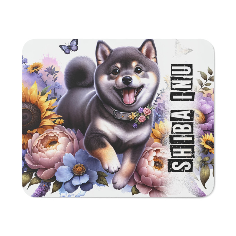 Tapis de Souris Shiba Inu Artistique  Petit Chien Japonais Joyeux avec Fleurs Colorées