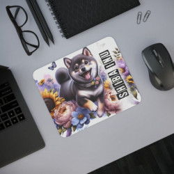 Tapis de Souris Shiba Inu Artistique  Petit Chien Japonais Joyeux avec Fleurs Colorées