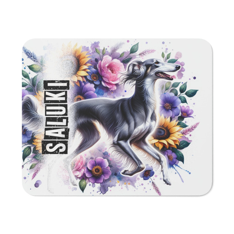 Tapis de Souris Saluki Artistique avec Fleurs Colorées  Lévrier Élégant Illustré sur Fond Floral Pastel