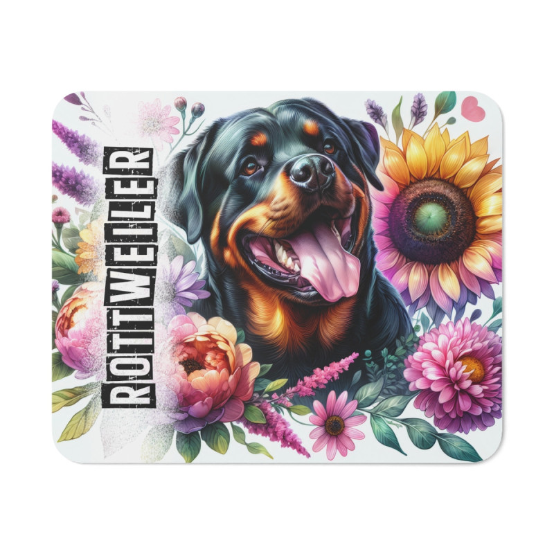 Tapis de Souris Rottweiler Artistique avec Fleurs Chien Noir & Feu Joyeux Illustré sur Fond Floral Coloré