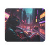 Tapis de Souris Chat Noir Cyberpunk – Chat Cool en Blouson de Cuir au Volant, Ambiance Néon Ville Futuriste