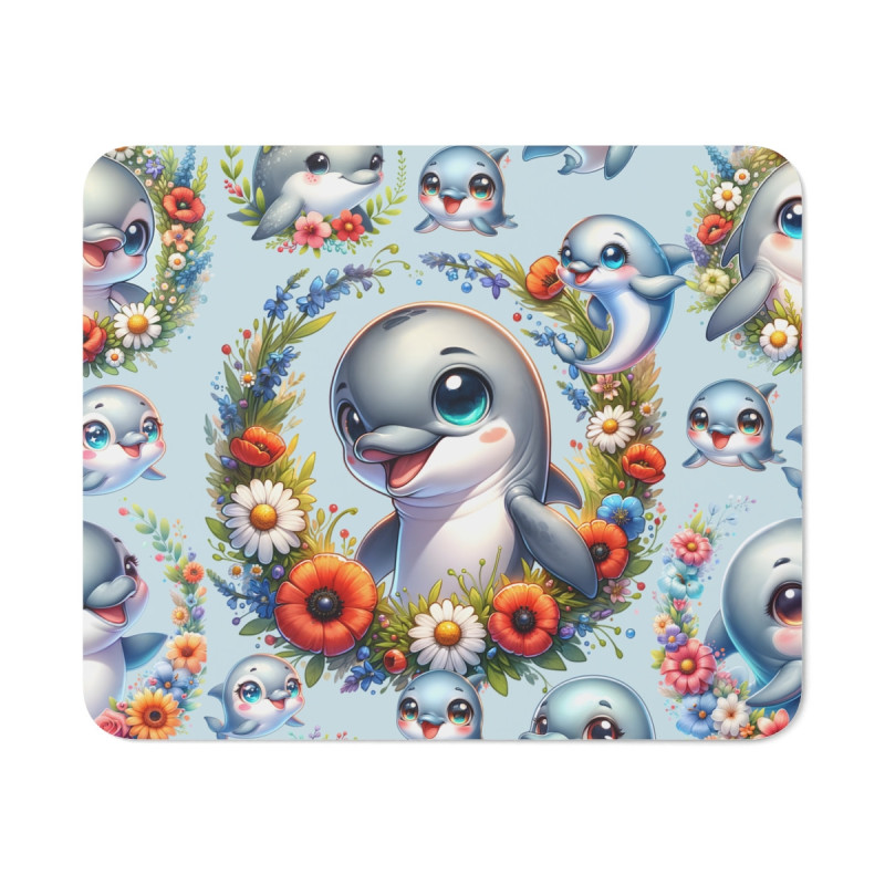 Tapis de Souris Dauphin Mignon Design Kawaii avec Bébé Dauphins et Fleurs