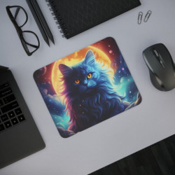 Tapis de Souris Chat Galactique Mystique – Chat Bleu aux Yeux Dorés sous Pleine Lune
