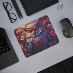 Tapis de Souris Chouette Colorée Hibou Artistique aux Plumes Multicolores et Fleurs