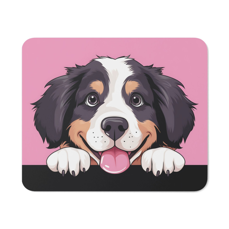 Tapis de Souris Chien Mignon – Tête de Chiot Noir & Blanc Style Cartoon sur Fond Rose