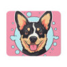 Tapis de Souris Chien Heureux  Illustration Cartoon de Corgi Noir & Beige Fond Rose et Bleu