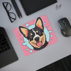 Tapis de Souris Chien Heureux  Illustration Cartoon de Corgi Noir & Beige Fond Rose et Bleu