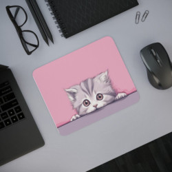Tapis de Souris Chaton Mignon Bébé Chat Gris aux Yeux Doux sur Fond Rose Accessoire  pour Bureau, Gaming ou Cadeau