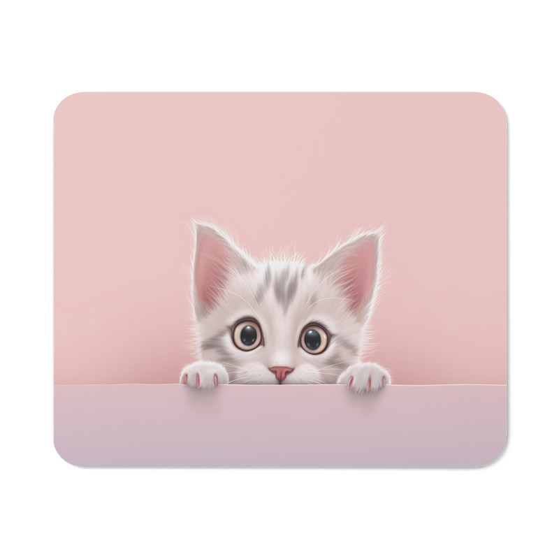 Tapis de Souris Chaton Mignon Yeux Ronds Bébé Chat Adorable sur Fond Rose Pastel