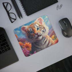 Tapis de Souris Tigre Mignon Bébé Tigre aux Yeux Bleus dans un Champ Fleuri