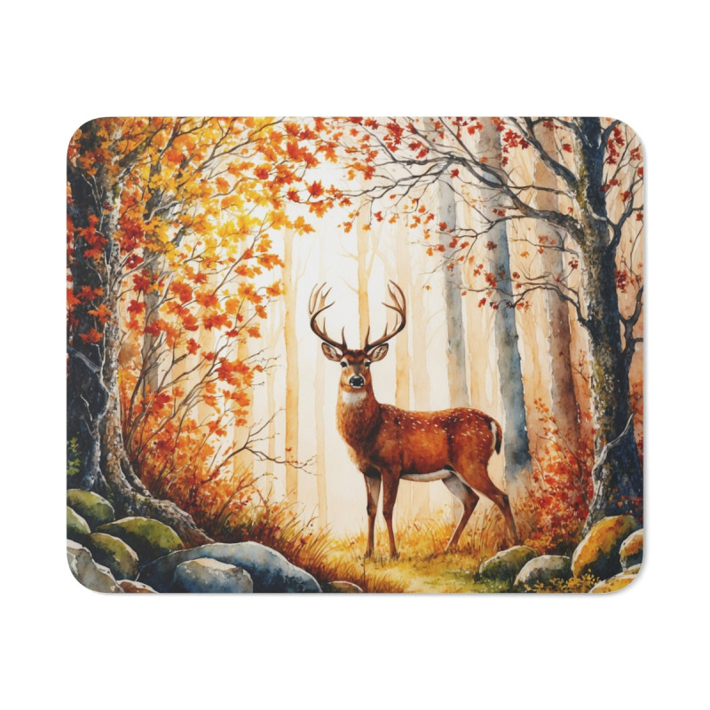Tapis de souris 22x18 cm – Cerf Majestueux en Forêt d’Automne Illustration Aquarelle Nature – Surface Lisse, Base Antidérapante