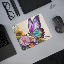 Tapis de souris 22x18 cm Papillon Arc-en-Ciel & Fleurs Illustration Florale Colorée Surface Lisse, Base Antidérapante