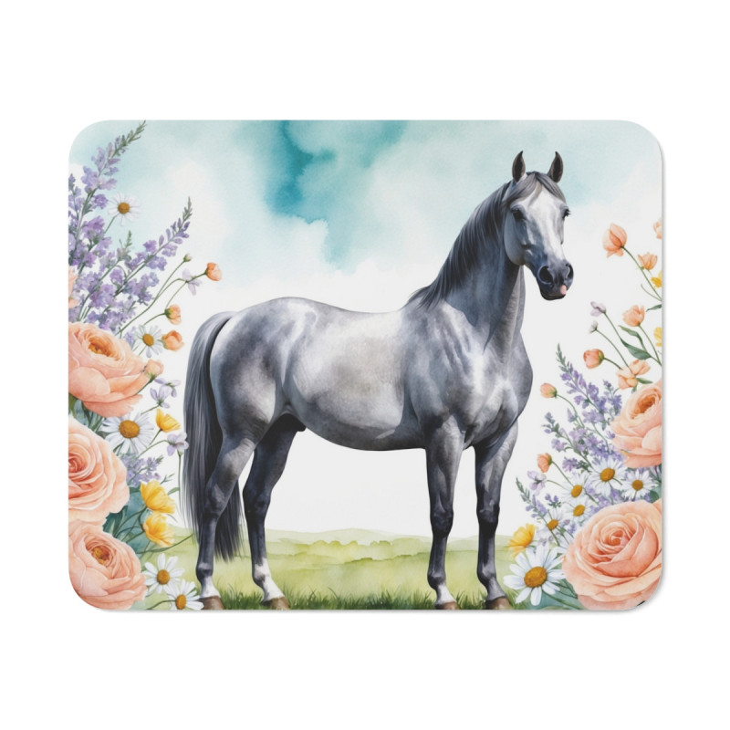 Tapis de souris 22x18 cm – Cheval Gris & Fleurs Printanières