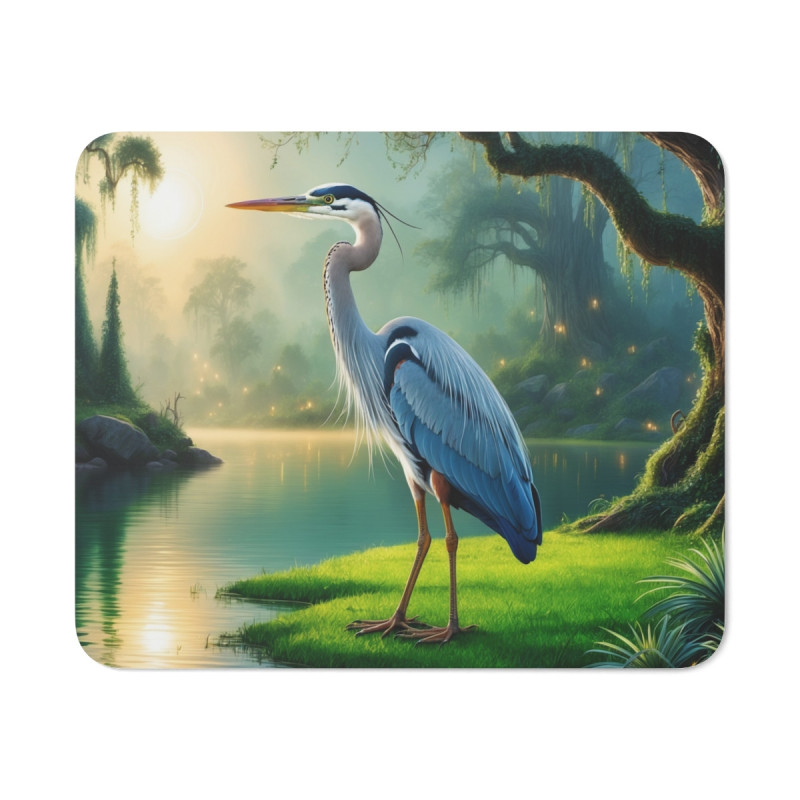 Tapis de souris 22x18 cm Héron au Bord du Lac Illustration Nature Enchantée Surface Lisse, Base Antidérapante