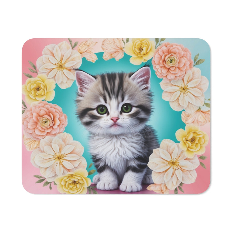 Tapis de souris 22x18 cm – Chaton Kawaii & Fleurs Pastel