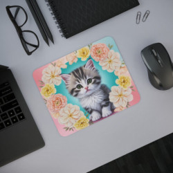 Tapis de souris 22x18 cm – Chaton Kawaii & Fleurs Pastel