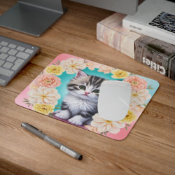Tapis de souris 22x18 cm – Chaton Kawaii & Fleurs Pastel