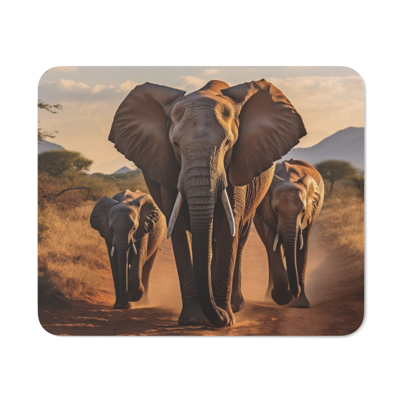 Tapis de souris 22x18 cm – Famille d’Éléphants dans la Savane – Coucher de Soleil