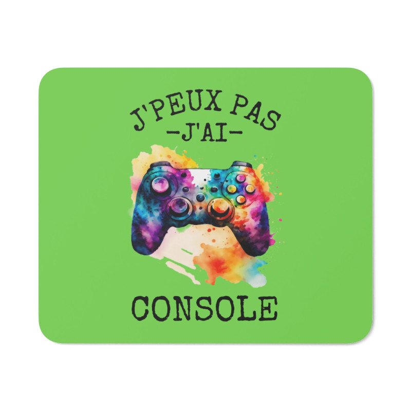Tapis de souris 22x18 cm – Manette Aquarelle « J’Peux Pas J’ai Console » – Fond Vert