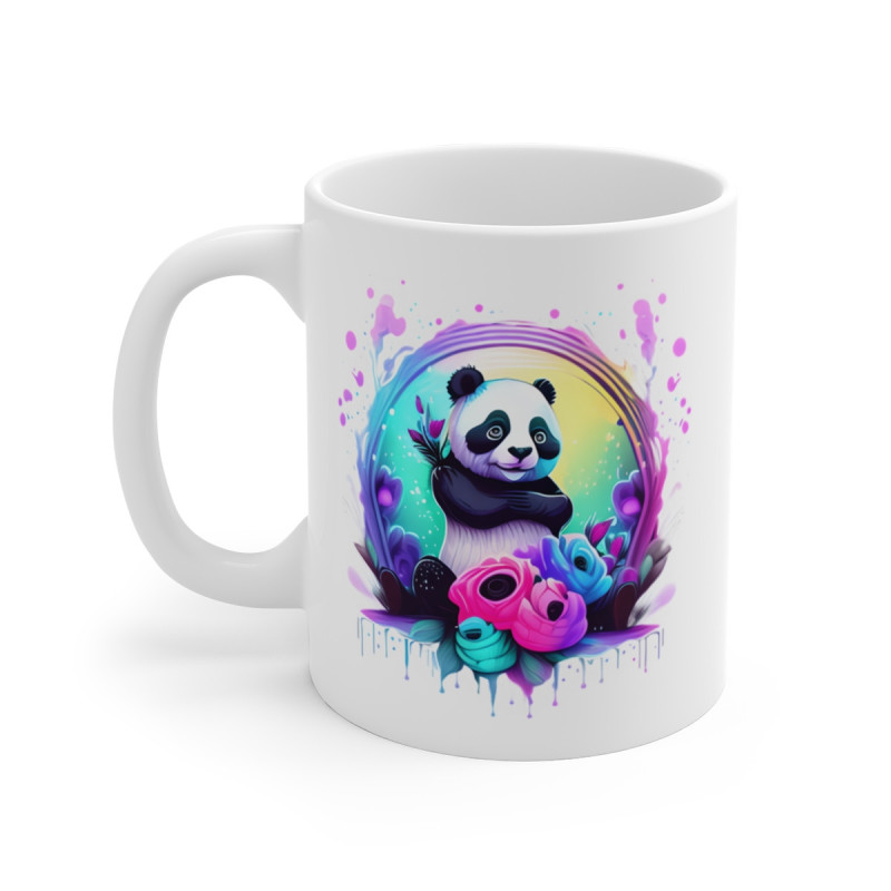 Mug Panda Fluo Debout – Fleurs & Arc-en-ciel – Design Kawaii Artistique