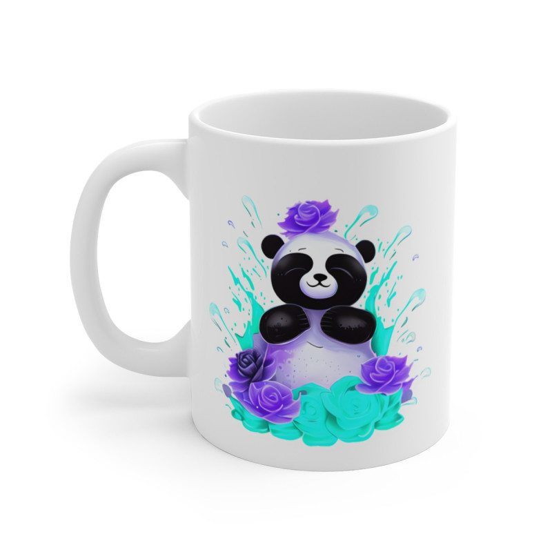 Mug Panda Zen – Fleurs Turquoises & Violettes – Style Kawaii Brillant