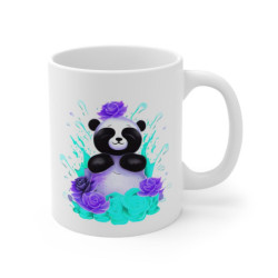 Mug Panda Zen – Fleurs Turquoises & Violettes – Style Kawaii Brillant