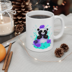 Mug Panda Zen – Fleurs Turquoises & Violettes – Style Kawaii Brillant