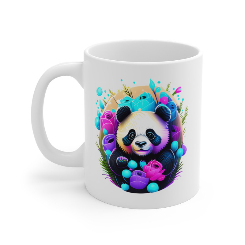 Mug Panda Assis – Design Zen & Fleurs Néon – Cadeau Tendre et Kawaii