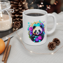 Mug Panda Assis – Design Zen & Fleurs Néon – Cadeau Tendre et Kawaii