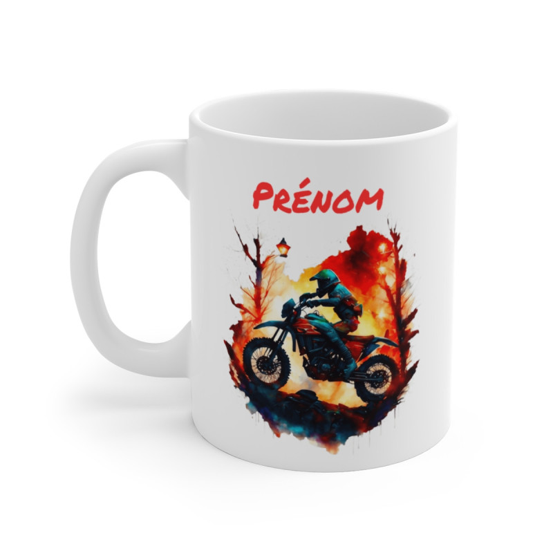 Mug Personnalisé Motocross – Pilote Moto Tout-Terrain en Forêt en Flammes – Cadeau Unique avec Prénom