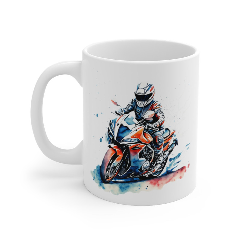 Mug Moto GP – Motard Racing en Action – Design Aquarelle Rouge & Bleu Dynamique