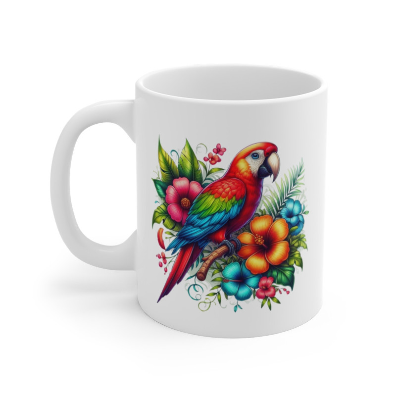 Mug Perroquet Tropical – “Explosion de Couleurs” – Illustration Jungle Fleurie Exotique