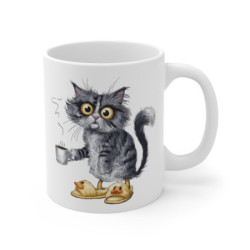 Mug Chat Fatigué – Design Humour Matinal – Chat en Pyjama avec Café & Chaussons Canard