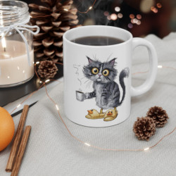 Mug Chat Fatigué – Design Humour Matinal – Chat en Pyjama avec Café & Chaussons Canard
