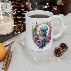 Mug Perroquet Coloré – Illustration Oiseau Exotique avec Fleurs Tropicales – Style Artistique Élégant