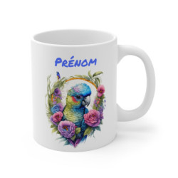 Mug Perroquet Tropical Personnalisé – Prénom au choix – Oiseau Exotique & Fleurs Bohèmes