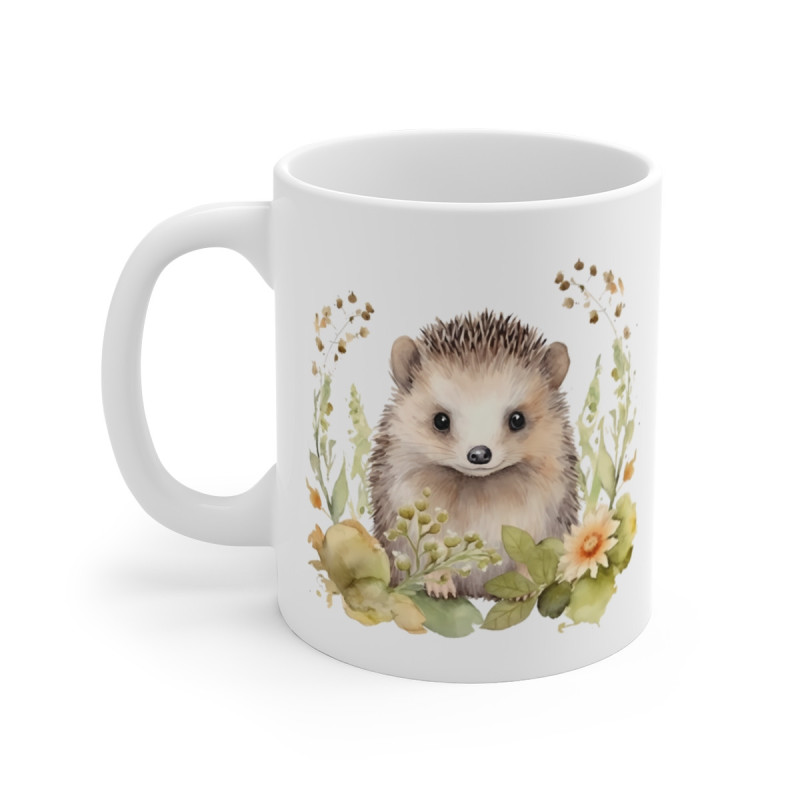 Mug Hérisson Champêtre – Illustration Aquarelle Fleurs Pastel – Design Doux et Nature