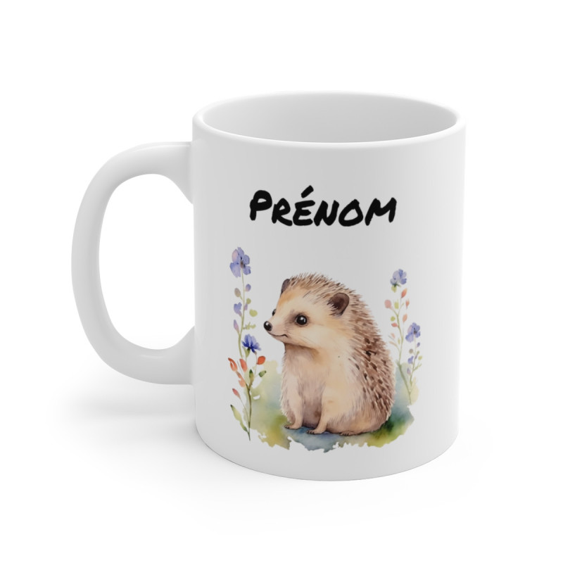 Mug Hérisson Personnalisable – “Hérisson Champêtre avec Prénom” – Aquarelle Douce et Nature
