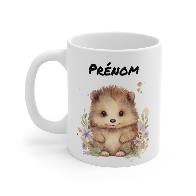 Mug Personnalisé Hérisson Mignon – Illustration Aquarelle Florale – Design Doux et Attendrissant
