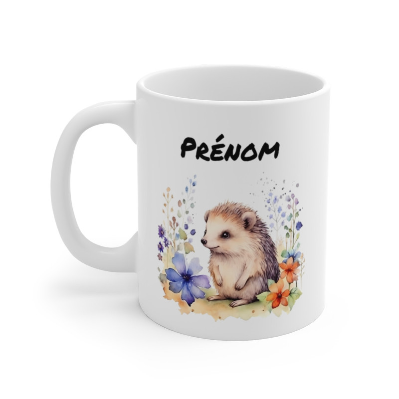 Mug Personnalisé Hérisson Fleuris – Design Aquarelle avec Prénom – Illustration Animalière Tendre et Colorée