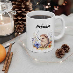 Mug Personnalisé Hérisson Fleuris – Design Aquarelle avec Prénom – Illustration Animalière Tendre et Colorée