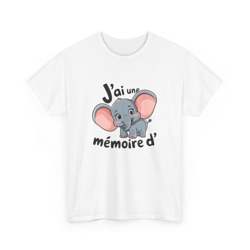 T-shirt Drôle Éléphant – "J’ai Une Mémoire d’Éléphant" – Tee-Shirt Mignon Blanc Gris  Unisexe