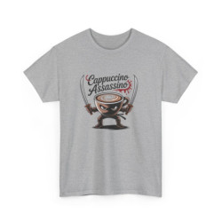 T-shirt Cappuccino Assassino – Tee Shirt Ninja Café Humour Blanc Gris – Design Guerrier Latte Art S à 3XL