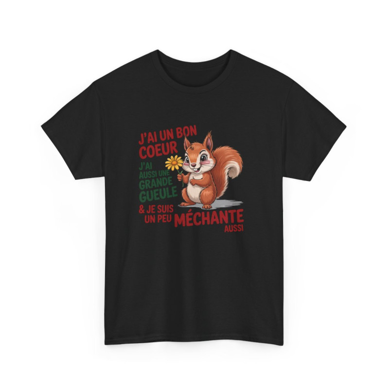 T-shirt Femme Humour Écureuil – J’ai un Bon Cœur et Une Grande Gueule – Tee Shirt Drôle Méchante Blanc Gris Noir S à 3XL
