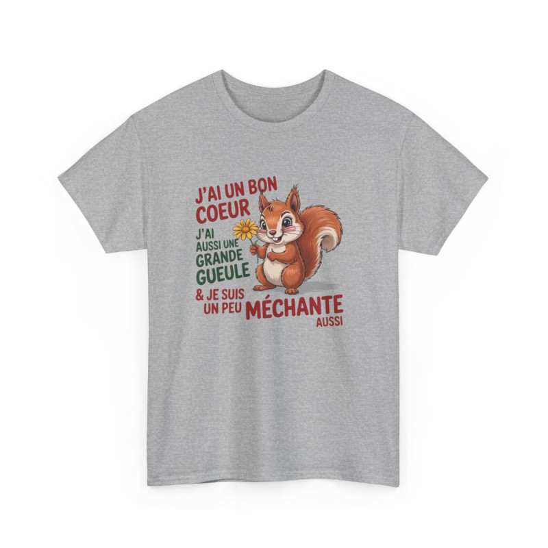 T-shirt Femme Humour Écureuil – J’ai un Bon Cœur et Une Grande Gueule – Tee Shirt Drôle Méchante Blanc Gris Noir S à 3XL