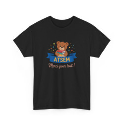 T-shirt Merci ATSEM Femme – Ourson Mignon et Livres – Cadeau Fin d’Année Aide Maternelle École Maternelle Noir Gris Blanc