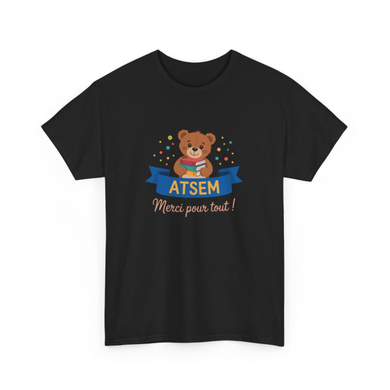 T-shirt Merci ATSEM Femme – Ourson Mignon et Livres – Cadeau Fin d’Année Aide Maternelle École Maternelle Noir Gris Blanc
