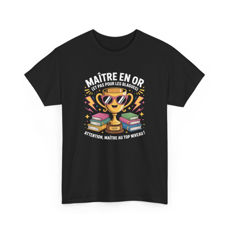 Tee Shirt Maître en Or – Cadeau Fin d’Année Professeur Homme – T-Shirt Noir Humour avec Trophée