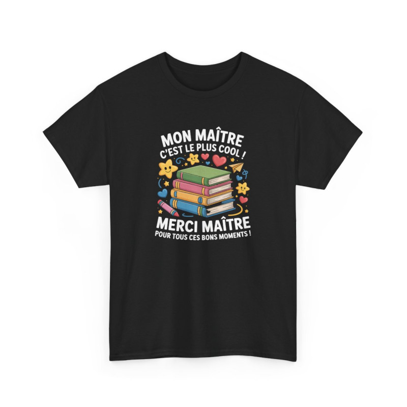 Tee-Shirt Noir Merci Maître – Cadeau Fin d’Année Scolaire – T-shirt Col Rond Homme Professeur